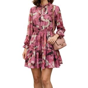 Pink Abstract Print Mock Neck Long Sleeve Ruffle Hem Dress Womens XL Nine West